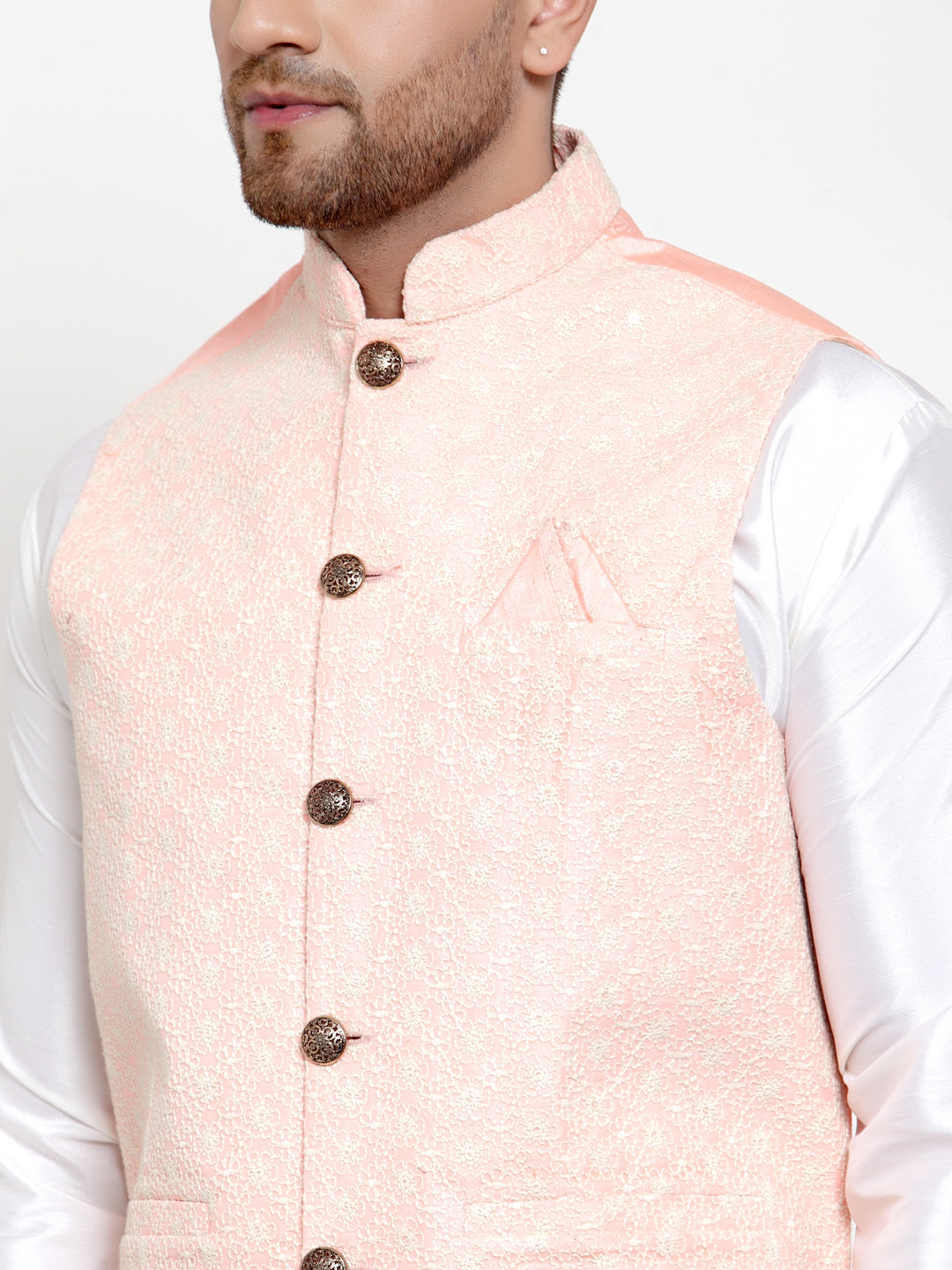 Jompers Men's Solid Dupion Kurta Pajama with Embroiderd Nehru Jacket (Pink) - Distacart