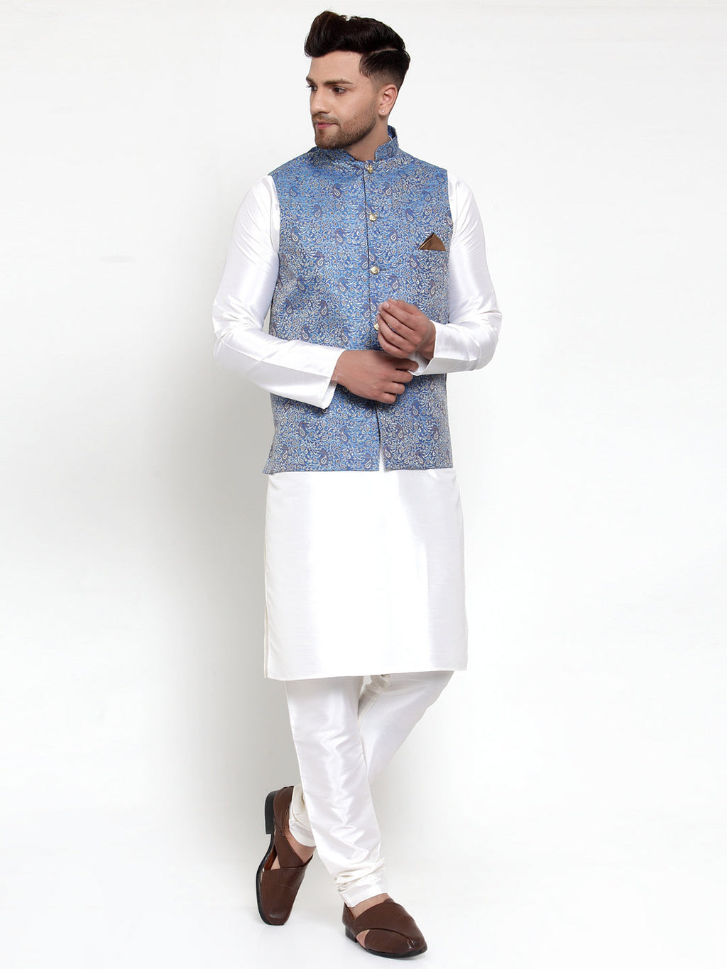 Jompers Men's Solid Dupion Kurta Pajama with Woven Jacqaurd Nehru Jacket (Blue) - Distacart