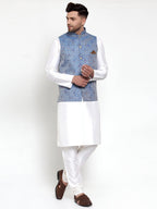 Jompers Men's Solid Dupion Kurta Pajama with Woven Jacqaurd Nehru Jacket (Blue) - Distacart