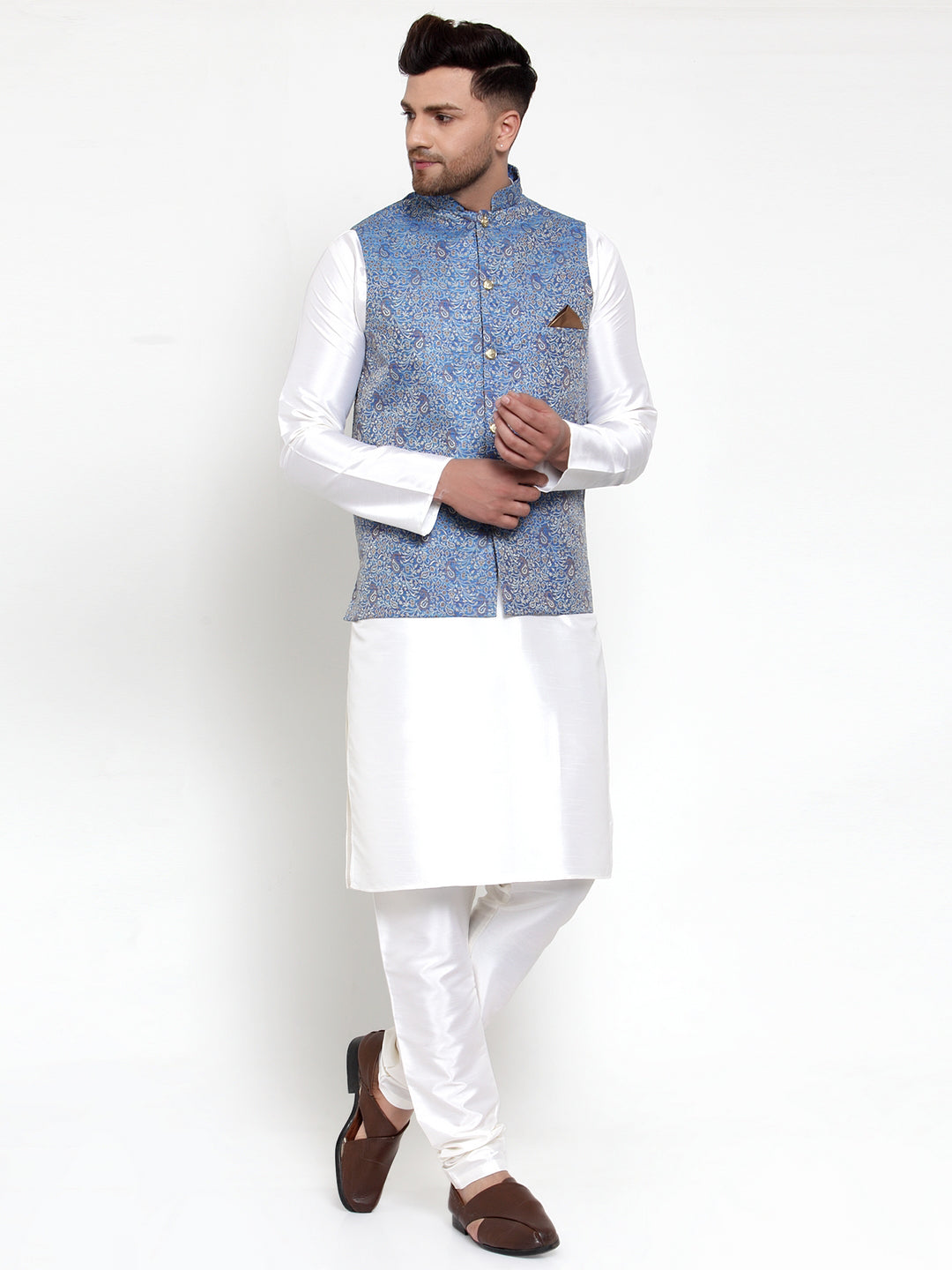 Jompers Men's Solid Dupion Kurta Pajama with Woven Jacqaurd Nehru Jacket (Blue) - Distacart