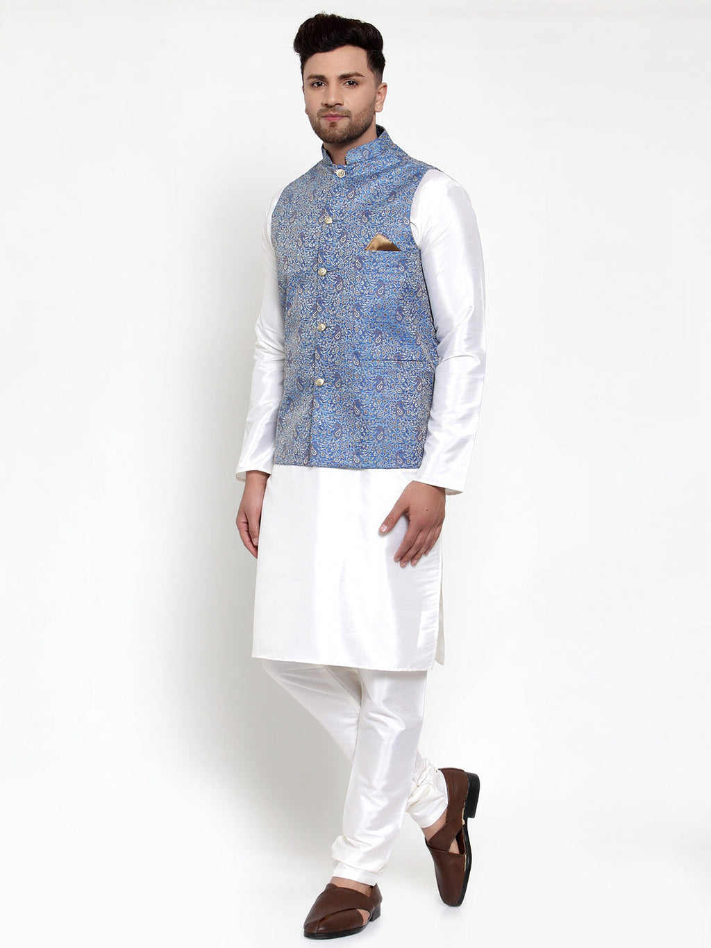 Jompers Men's Solid Dupion Kurta Pajama with Woven Jacqaurd Nehru Jacket (Blue) - Distacart