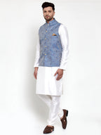 Jompers Men's Solid Dupion Kurta Pajama with Woven Jacqaurd Nehru Jacket (Blue) - Distacart