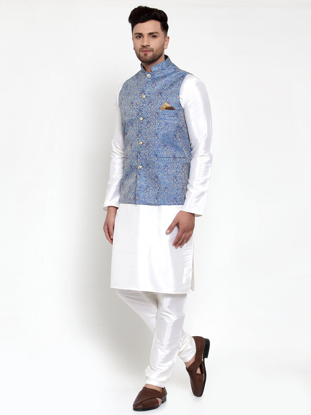 Jompers Men's Solid Dupion Kurta Pajama with Woven Jacqaurd Nehru Jacket (Blue) - Distacart