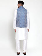 Jompers Men's Solid Dupion Kurta Pajama with Woven Jacqaurd Nehru Jacket (Blue) - Distacart