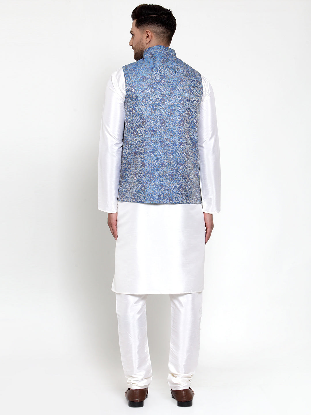 Jompers Men's Solid Dupion Kurta Pajama with Woven Jacqaurd Nehru Jacket (Blue) - Distacart