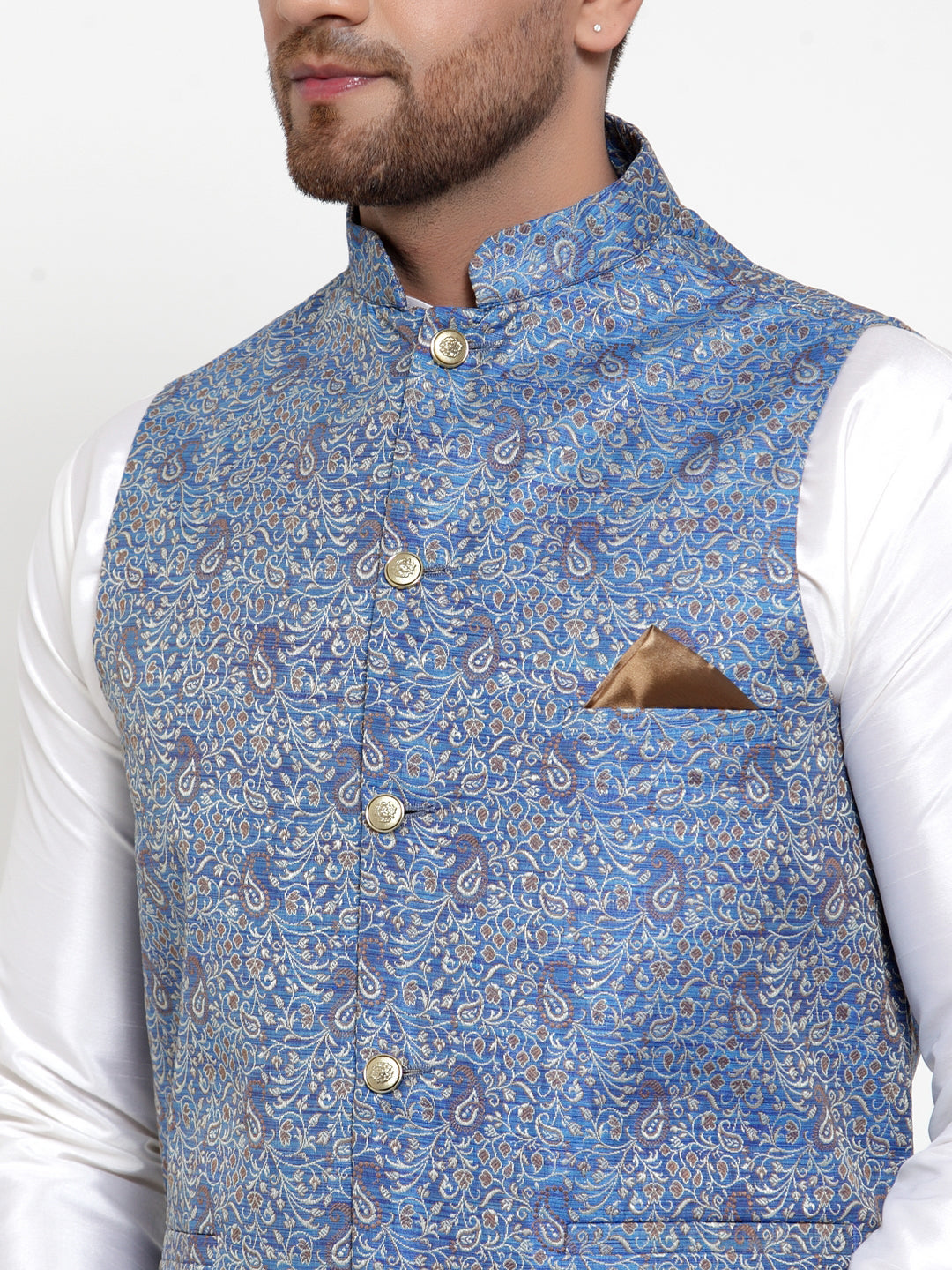 Jompers Men's Solid Dupion Kurta Pajama with Woven Jacqaurd Nehru Jacket (Blue) - Distacart