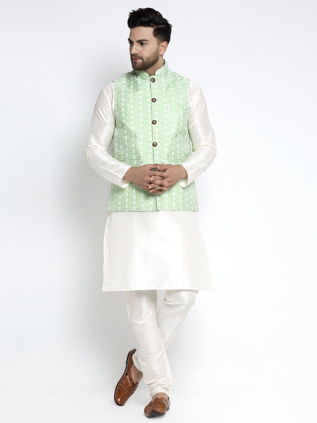 Jompers Men's Solid White Dupion Kurta Payjama with Embroidered Waistcoat (Green) - Distacart