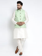 Jompers Men's Solid White Dupion Kurta Payjama with Embroidered Waistcoat (Green) - Distacart