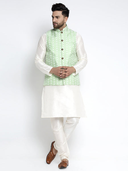 Jompers Men's Solid White Dupion Kurta Payjama with Embroidered Waistcoat (Green)