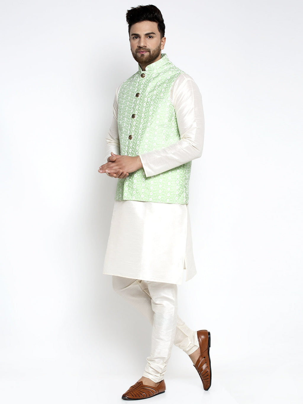 Jompers Men's Solid White Dupion Kurta Payjama with Embroidered Waistcoat (Green) - Distacart