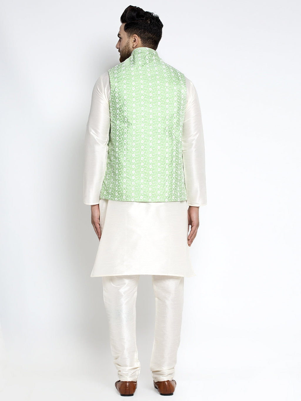 Jompers Men's Solid White Dupion Kurta Payjama with Embroidered Waistcoat (Green) - Distacart