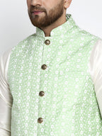Jompers Men's Solid White Dupion Kurta Payjama with Embroidered Waistcoat (Green) - Distacart