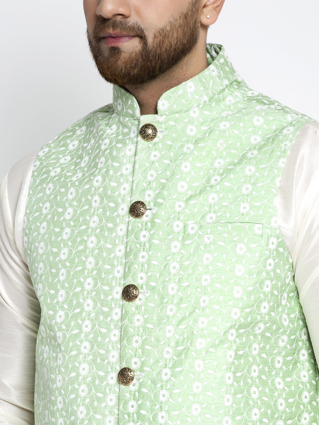 Jompers Men's Solid White Dupion Kurta Payjama with Embroidered Waistcoat (Green) - Distacart