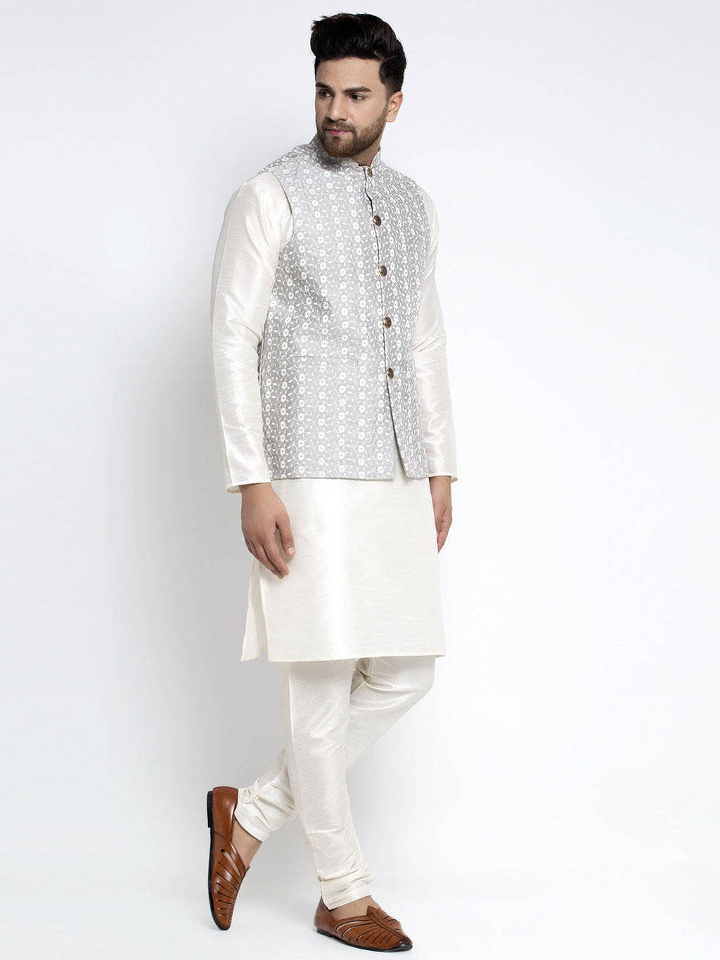 Jompers Men's Solid White Dupion Kurta Payjama with Embroidered Waistcoat (Grey) - Distacart
