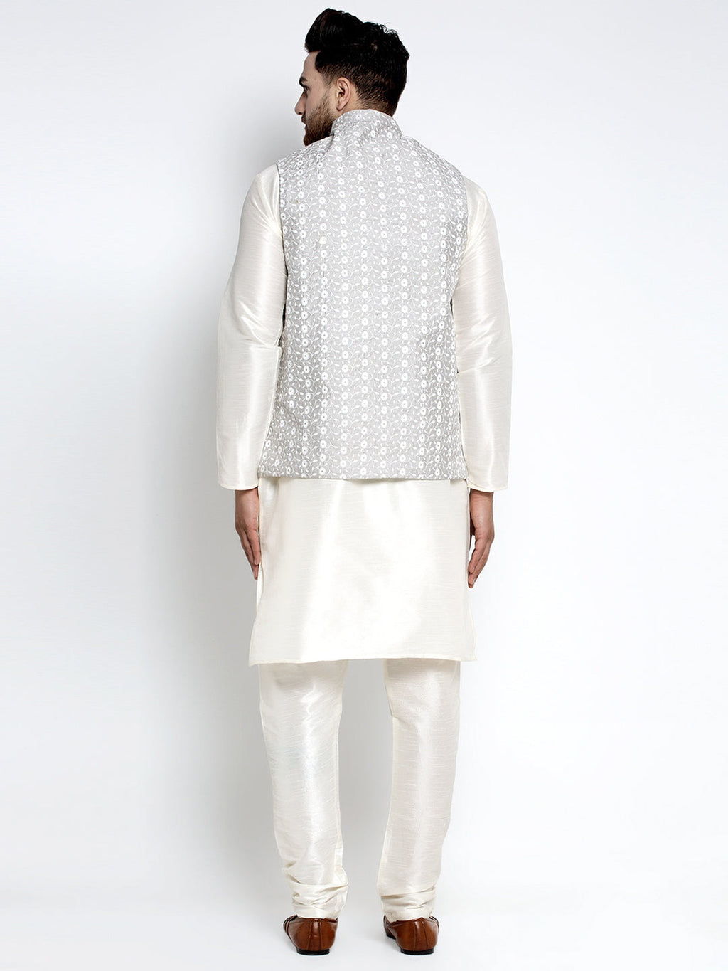 Jompers Men's Solid White Dupion Kurta Payjama with Embroidered Waistcoat (Grey) - Distacart