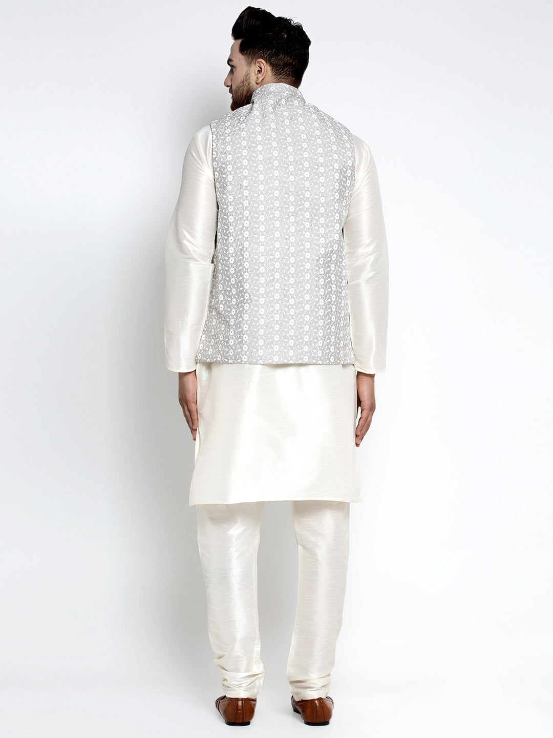 Jompers Men's Solid White Dupion Kurta Payjama with Embroidered Waistcoat (Grey) - Distacart