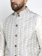 Jompers Men's Solid White Dupion Kurta Payjama with Embroidered Waistcoat (Grey) - Distacart