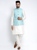 Jompers Men's Solid White Dupion Kurta Payjama with Embroidered Waistcoat (Sky) - Distacart
