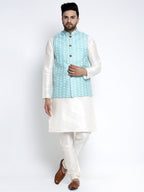 Jompers Men's Solid White Dupion Kurta Payjama with Embroidered Waistcoat (Sky) - Distacart