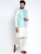 Jompers Men's Solid White Dupion Kurta Payjama with Embroidered Waistcoat (Sky) - Distacart