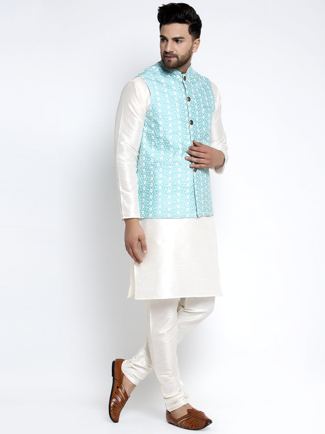 Jompers Men's Solid White Dupion Kurta Payjama with Embroidered Waistcoat (Sky) - Distacart