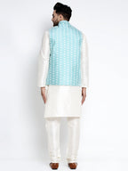 Jompers Men's Solid White Dupion Kurta Payjama with Embroidered Waistcoat (Sky) - Distacart