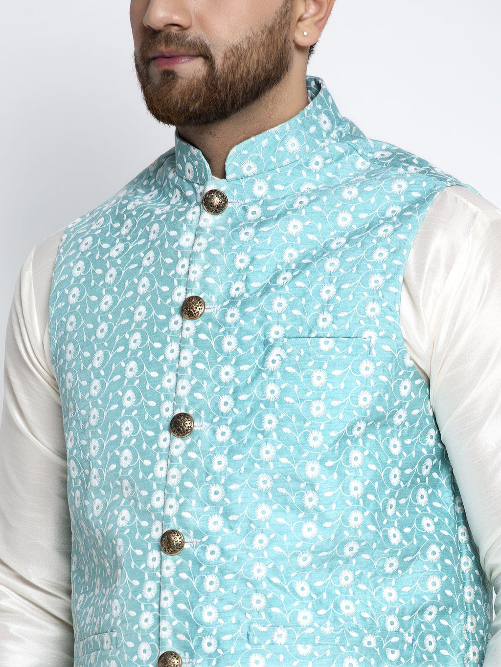 Jompers Men's Solid White Dupion Kurta Payjama with Embroidered Waistcoat (Sky) - Distacart