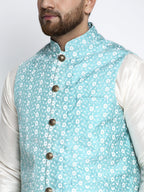 Jompers Men's Solid White Dupion Kurta Payjama with Embroidered Waistcoat (Sky) - Distacart
