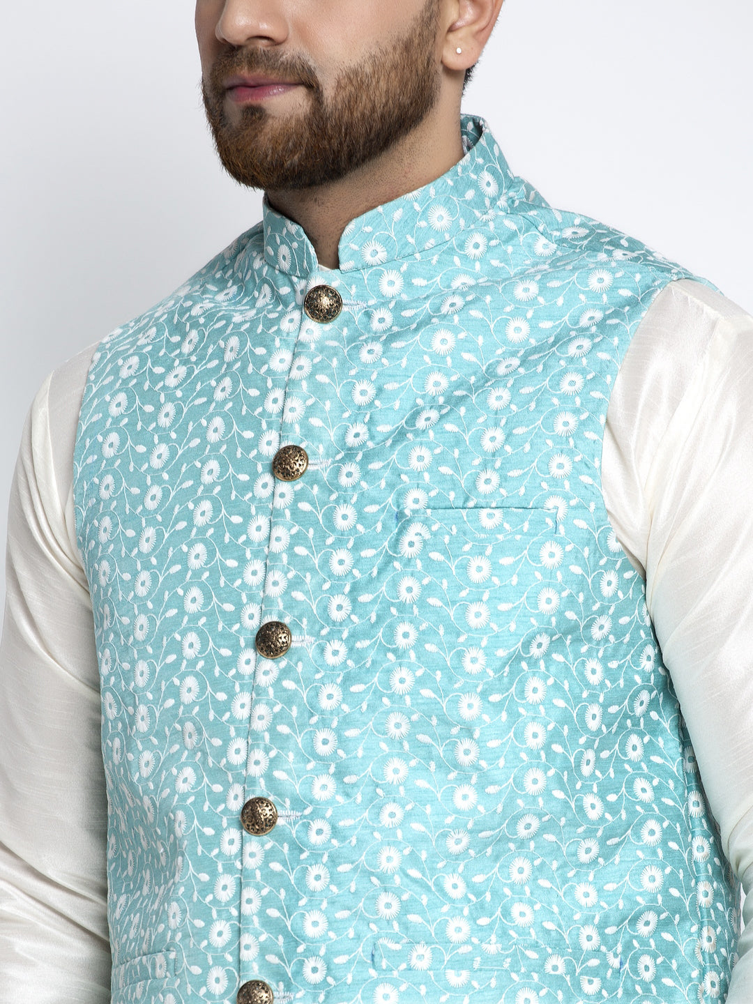 Jompers Men's Solid White Dupion Kurta Payjama with Embroidered Waistcoat (Sky) - Distacart