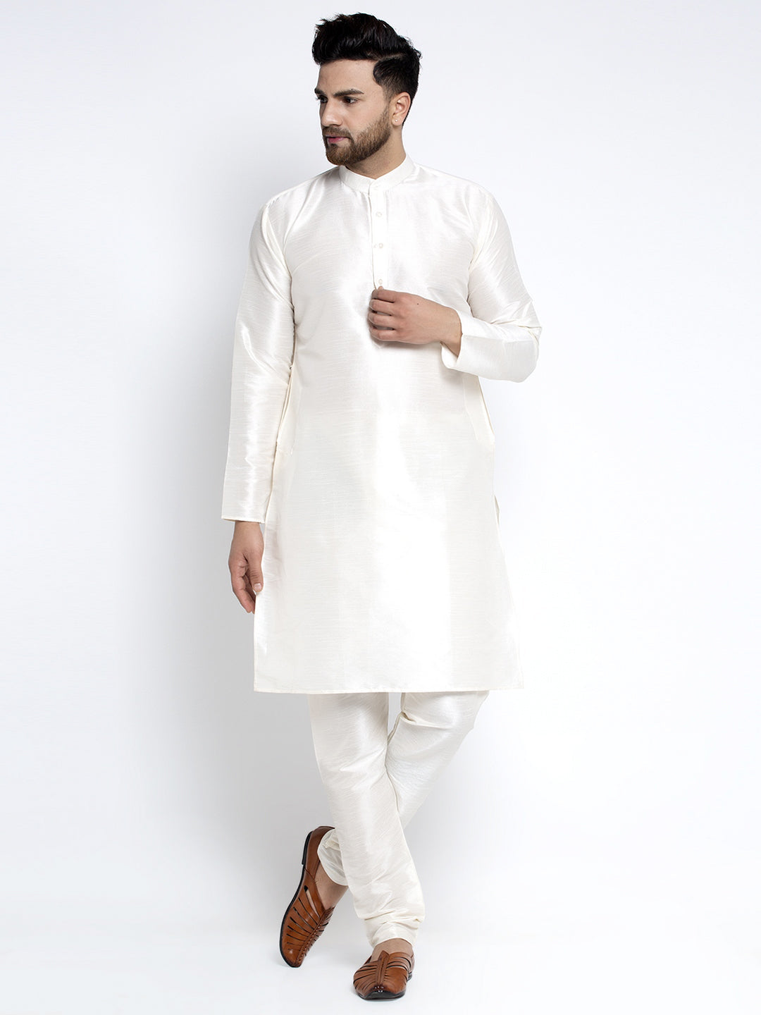 Jompers Men's Solid White Dupion Kurta Payjama with Embroidered Waistcoat (Sky) - Distacart