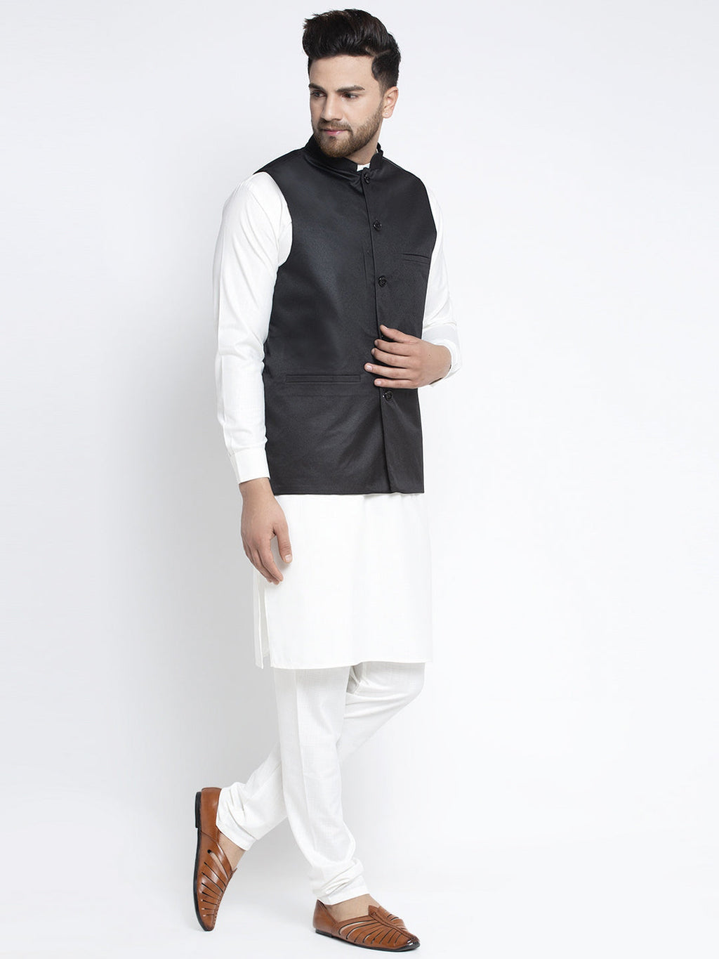 Jompers Men's Solid White Cotton Kurta Payjama with Solid Black Waistcoat - Distacart
