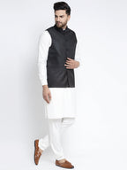 Jompers Men's Solid White Cotton Kurta Payjama with Solid Black Waistcoat - Distacart
