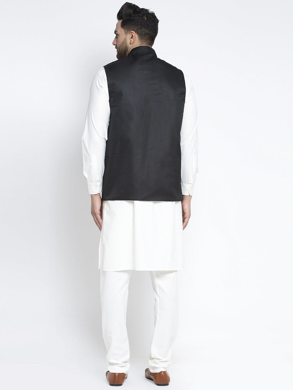 Jompers Men's Solid White Cotton Kurta Payjama with Solid Black Waistcoat - Distacart