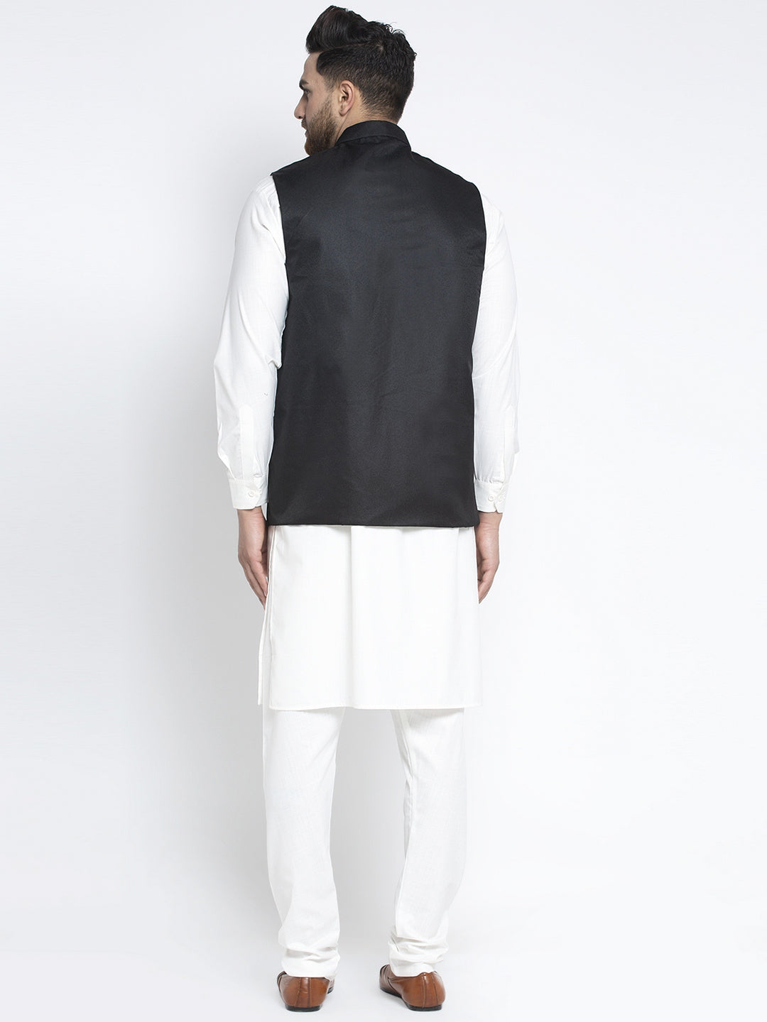 Jompers Men's Solid White Cotton Kurta Payjama with Solid Black Waistcoat - Distacart
