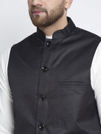 Jompers Men's Solid White Cotton Kurta Payjama with Solid Black Waistcoat - Distacart