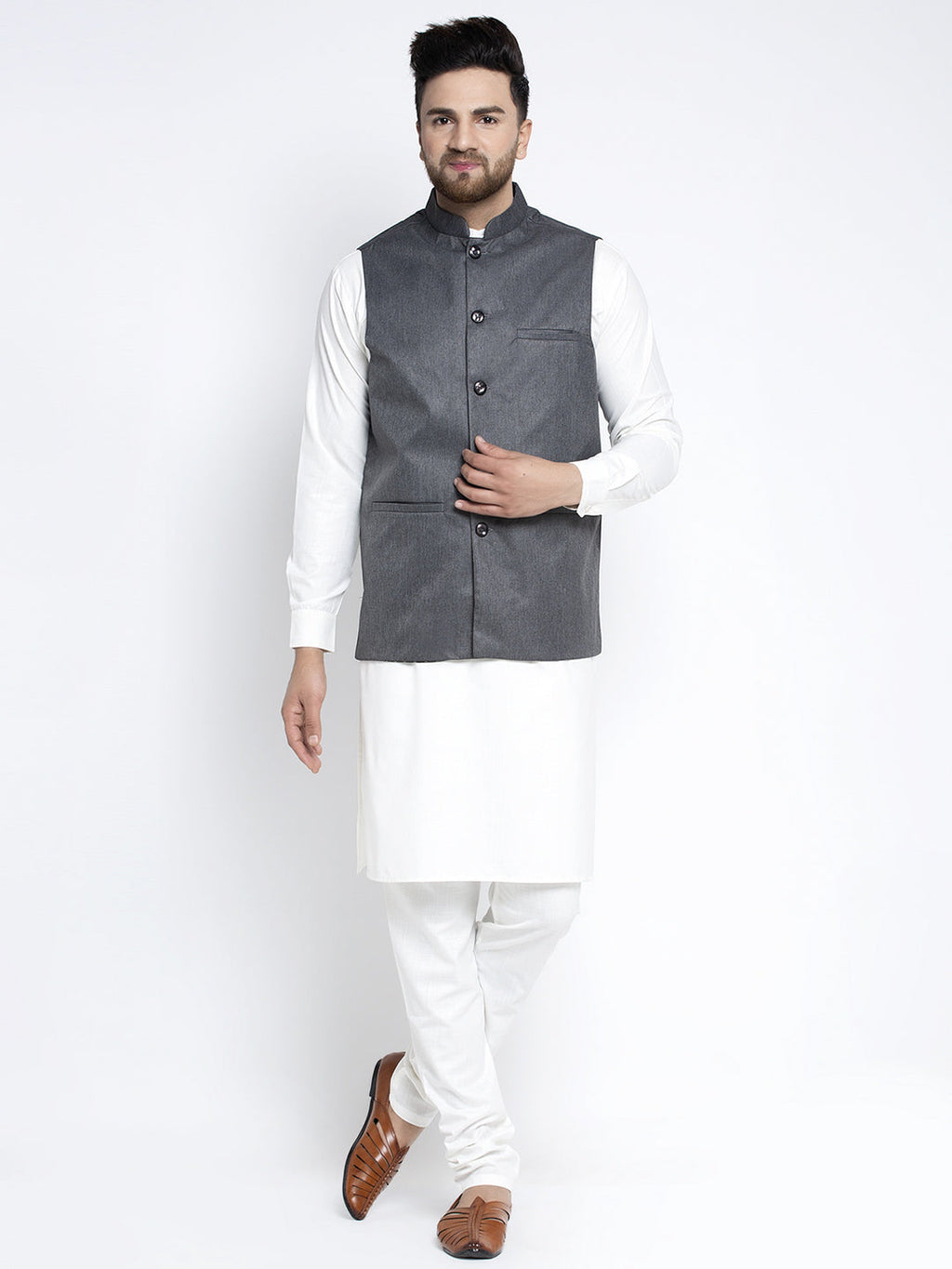 Jompers Men's Solid White Cotton Kurta Payjama with Solid Charcoal Waistcoat - Distacart