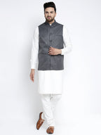 Jompers Men's Solid White Cotton Kurta Payjama with Solid Charcoal Waistcoat - Distacart