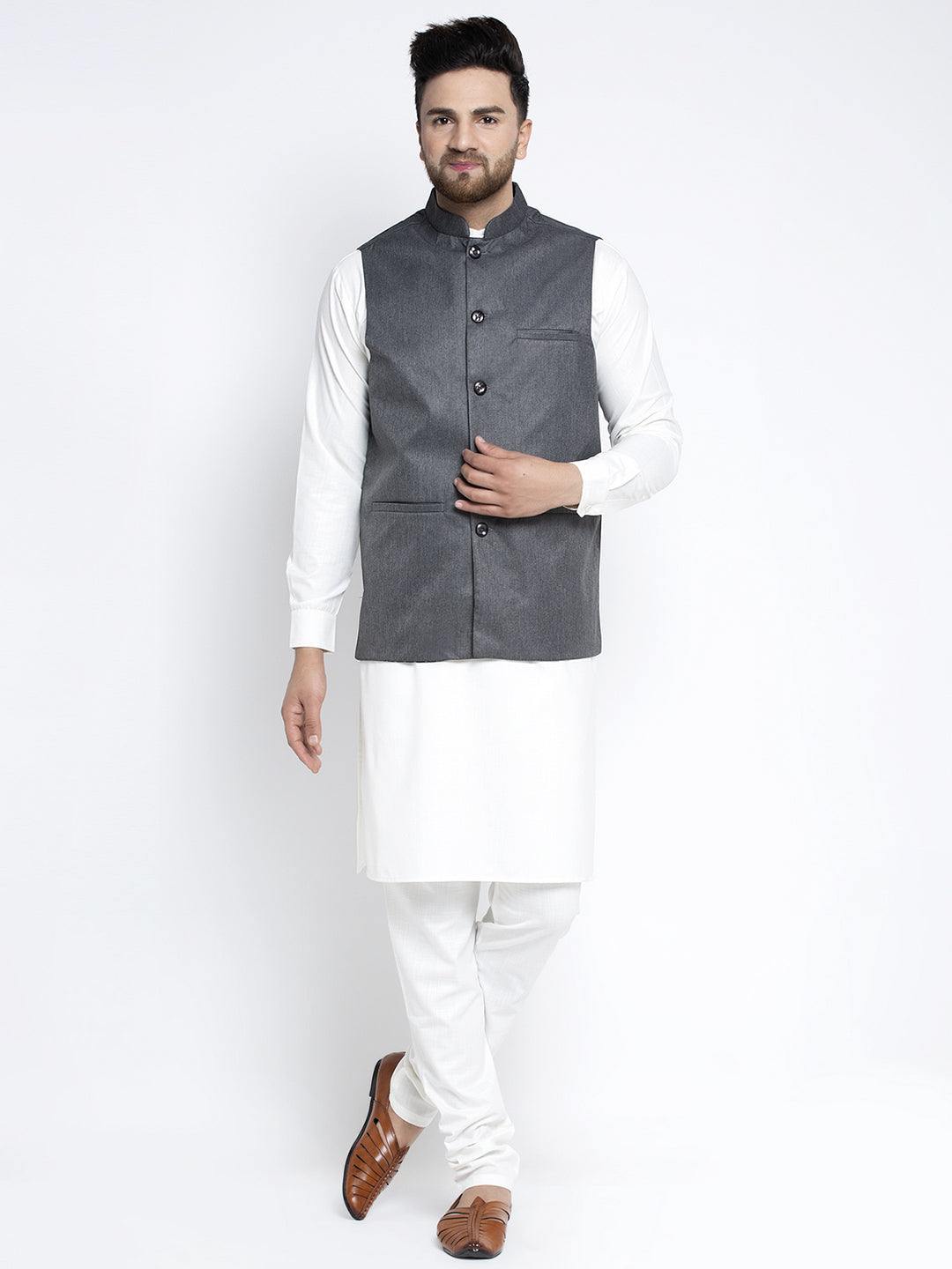 Jompers Men's Solid White Cotton Kurta Payjama with Solid Charcoal Waistcoat - Distacart