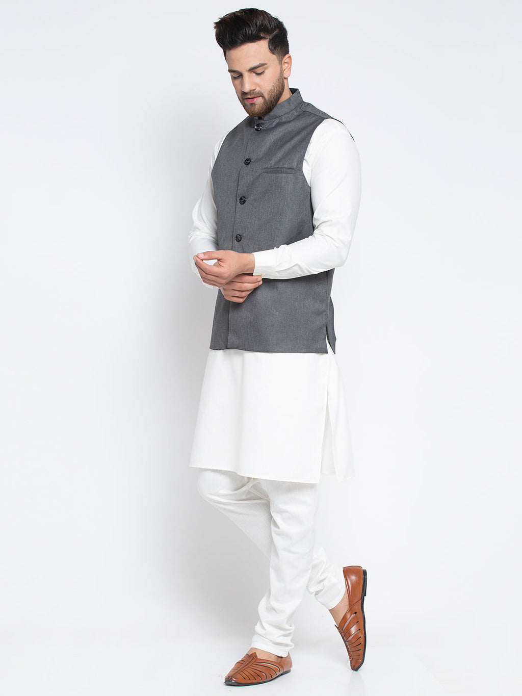 Jompers Men's Solid White Cotton Kurta Payjama with Solid Charcoal Waistcoat - Distacart
