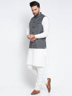 Jompers Men's Solid White Cotton Kurta Payjama with Solid Charcoal Waistcoat - Distacart