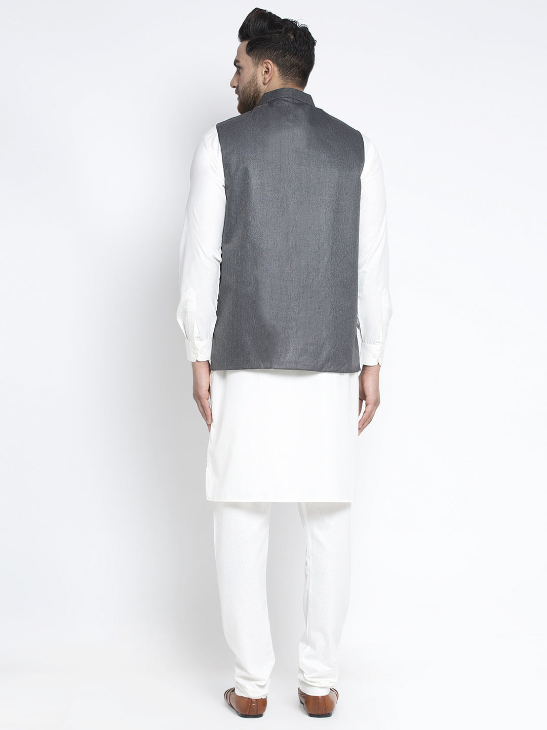 Jompers Men's Solid White Cotton Kurta Payjama with Solid Charcoal Waistcoat - Distacart