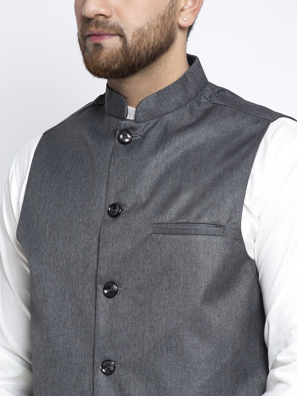 Jompers Men's Solid White Cotton Kurta Payjama with Solid Charcoal Waistcoat - Distacart