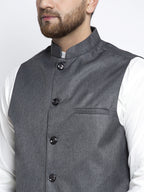 Jompers Men's Solid White Cotton Kurta Payjama with Solid Charcoal Waistcoat - Distacart