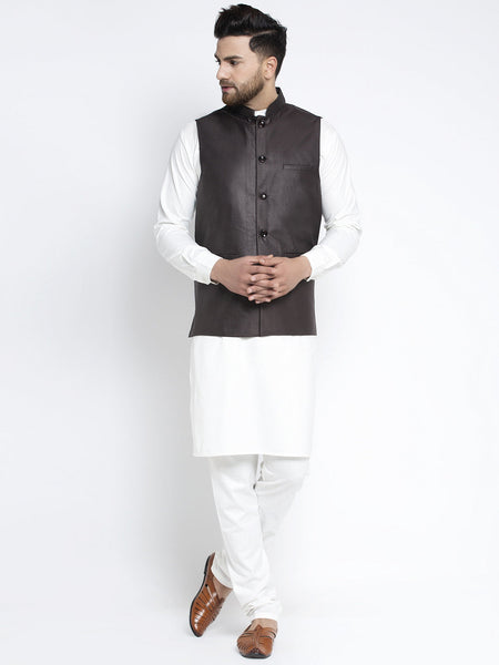 Jompers Men's Solid White Cotton Kurta Payjama with Solid Coffee Waistcoat(Coffee)