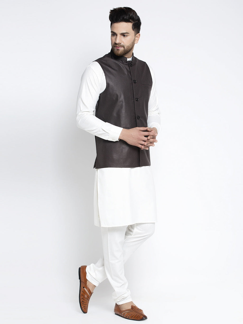 Jompers Men's Solid White Cotton Kurta Payjama with Solid Coffee Waistcoat(Coffee) - Distacart