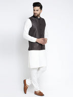 Jompers Men's Solid White Cotton Kurta Payjama with Solid Coffee Waistcoat(Coffee) - Distacart