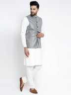 Jompers Men's Solid White Cotton Kurta Payjama with Solid Grey Waistcoat (Grey) - Distacart