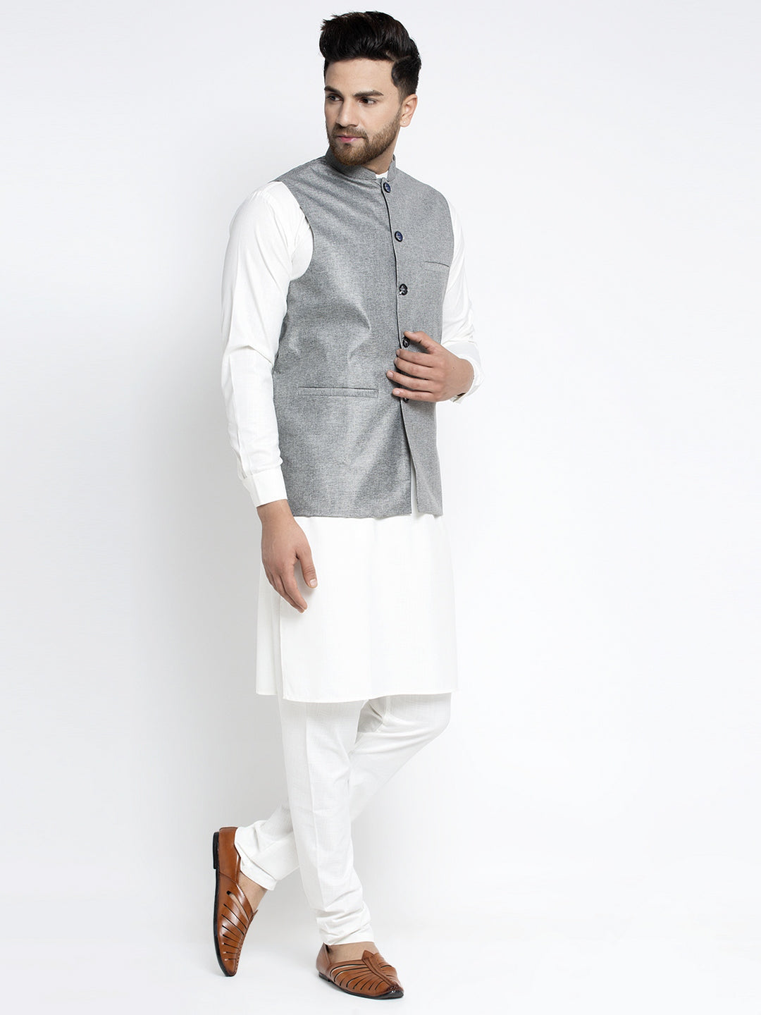 Jompers Men's Solid White Cotton Kurta Payjama with Solid Grey Waistcoat (Grey) - Distacart