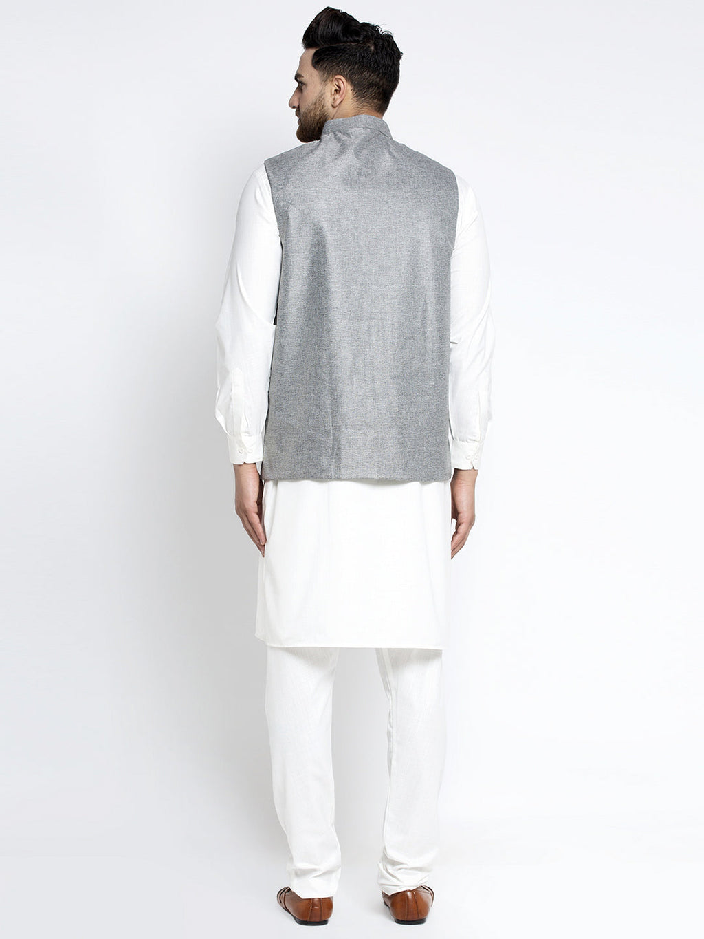 Jompers Men's Solid White Cotton Kurta Payjama with Solid Grey Waistcoat (Grey) - Distacart