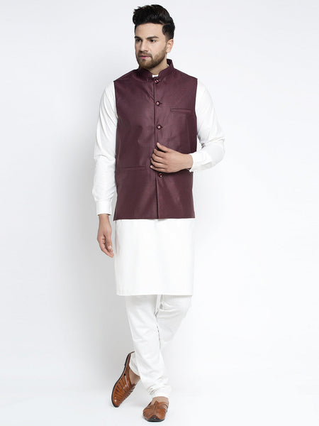 Jompers Men's Solid White Cotton Kurta Payjama with Solid Maroon Waistcoat(Maroon)